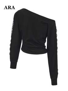 ARA CHIC Women's Black Off Shoulder Long Sleeve Top, Lace Cutout Sleeve Ruched Side Crop Blouse, Casual Going Out Slim Top - Black - View 11