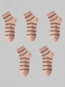 1/5 Pairs Maillard Color Series White Socks Women Spring/Autumn Mid-Calf Socks Ins Autumn/Winter Seamless Short Striped - Multicolor - View 12