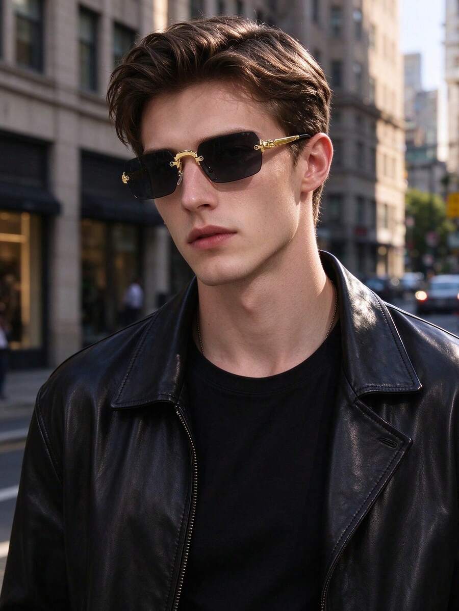 1 PC Men's Retro Rimless Rectangle Fashion Glasses Lightweight Metal Material Soft Tinted Lens For Beach Vacation Outing With Glasses Box - Multicolor - View 1