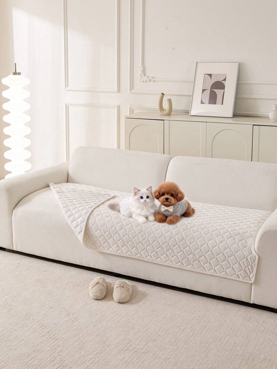 1pc Thick Solid Color Plaid Sofa Cover, Splash-Proof, Dirt-Resistant, Anti-Slip, All-Season Use, Machine Washable, Suitable For Cats And Dogs - Beige - View 1