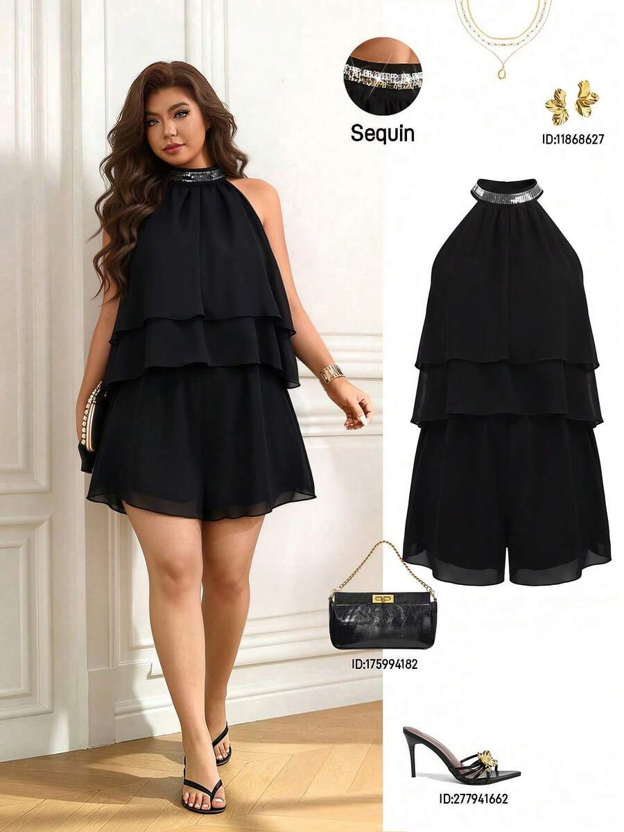 Elegant Plus Size Sleeveless Spaghetti Strap Jumpsuit, Round Neck With Sequin Decoration, Short Length Non-Stretch Fabric, Suitable For Fashion Events - Black - View 1