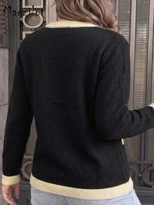 Plus Size Women Fall Winter Contrast Color Knit Cardigan, Round Neck Gold Button Pocket Sweater, Slim Casual Commute Shopping Outwear - Black - View 3
