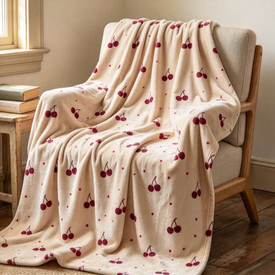 1 Buah Selimut Flanel Motif Ceri Burgundy dengan Dasar Krem, Selimut Dekorasi Sofa Minimalis dan Segar - MultiWarna - View 1