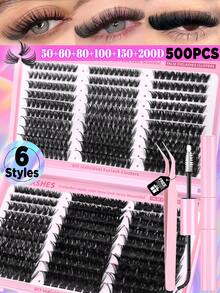 GROINNEYA 570/500Pcs D-Curl High Capacity DIY Lash Kit With Bond And Seal And Lash Applicator Tool Fake Lashes Book Mix Style Dense Lash Clusters 8-16mm Mixed Length 3D Individual Lashes SetNatural Eye Makeup,Suitable For Daily And Date Makeup - Black - View 14