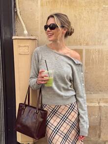 Cold Shoulder Wide Neck Short Knit Sweater, Light Gray Dropped Shoulder Loose Long Sleeve Basic Slouchy - Grey - View 6