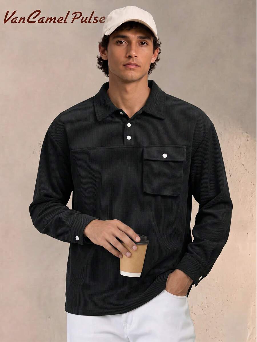 Vancamel Pulse Men's Solid Color Versatile Casual Half-Open Shirt, Outdoor Sports Solid Color Corduroy Versatile Casual Shirt - Black - View 1
