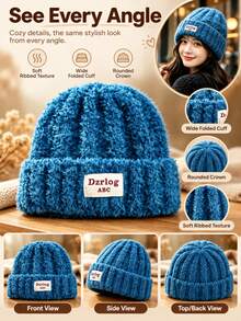 Women's Soft Plush Ribbed Knit Beanie, Warm Elastic Cuffed Winter Hat With Label Patch, Fuzzy Cuffed Hat, One Size Casual Cold Weather Hat, Suitable For Daily Wear, Outdoor Travel, Skiing, Autumn/Winter Accessory - Plush - View 2
