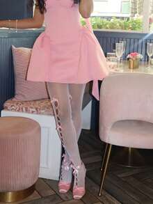 Women's Hollow Design Pantyhose, Front Pink Bow Decor Sheer Tights, Sweet And Charming Style - White - View 9