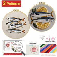 15*15cm/5.9*5.9in 20*20cm/7.9*7.9in,Sardines Embroidery Kit, DIY Handmade Embroidery Set For Adult Beginners, Home Gift, Women's Sewing Gift, Including User Manual, Printed Pattern Fabric, Embroidery Frame, Needle And Thread. - Sardines - View 14