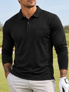 Men's Autumn Long Sleeve Polo Shirt With Chest Pocket, Solid Color Collar Button-Up Top, Suitable For Outdoor Golf And Daily Wear - Black - View 6