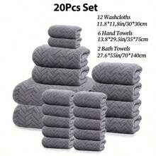 20-Piece Set (12 Washcloths + 6 Hand Towels + 2 Bath Towels), Antibacterial Oversized Bath Towels, Coral Fleece, Absorbent & Quick Dry For Summer, Men & Women, Bath & Beach Wrap Towel, Couple Style - Grey - View 2