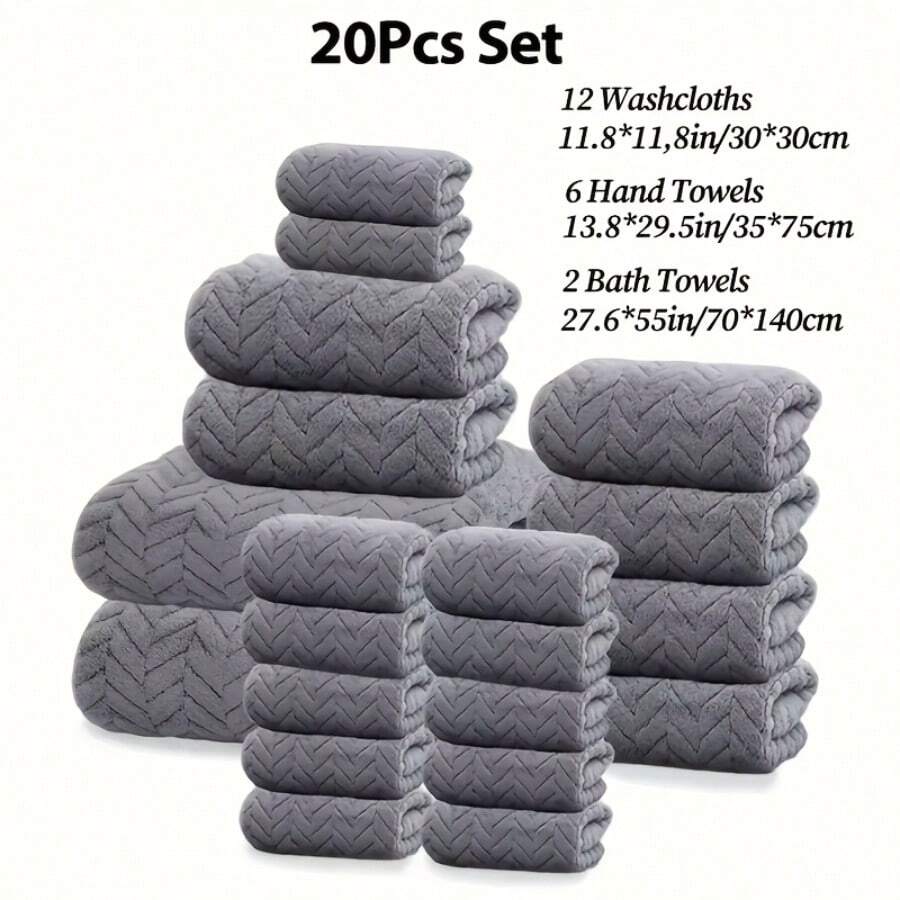 20-Piece Set (12 Washcloths + 6 Hand Towels + 2 Bath Towels), Antibacterial Oversized Bath Towels, Coral Fleece, Absorbent & Quick Dry For Summer, Men & Women, Bath & Beach Wrap Towel, Couple Style