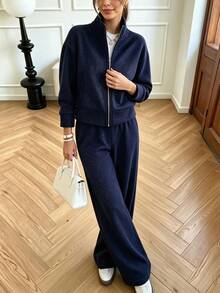 Women's Casual Zip Up Sweatshirt And Wide Leg Pants 2 Blue Sequin Pieces Set, Autumn Lounge Sets Concert Outfit Vacation Office For Women - Navy - View 4