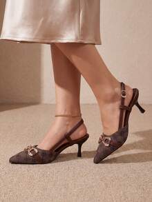 Brown Printed Pointed Toe Stilettos High Heels, Classic Metal Buckle Stiletto Pumps, Suitable For Summer Commute, Date, Banquet, Party - Brown - View 4
