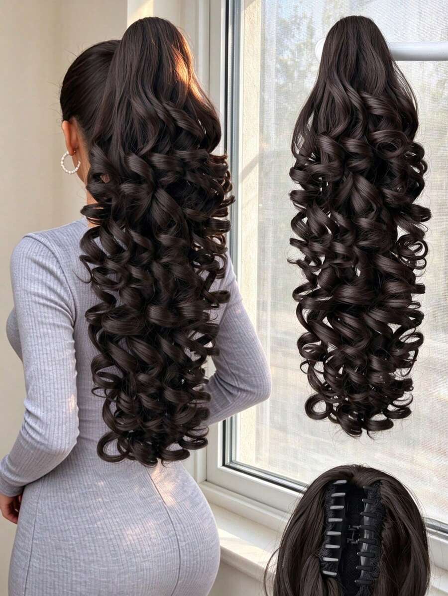 HEYPINK 26-Inch Deep Brown Wavy Heat-Resistant Synthetic Fiber Ponytail Hair Extension, Suitable For Women's Daily Wear, Parties And Music Festivals, Halloween