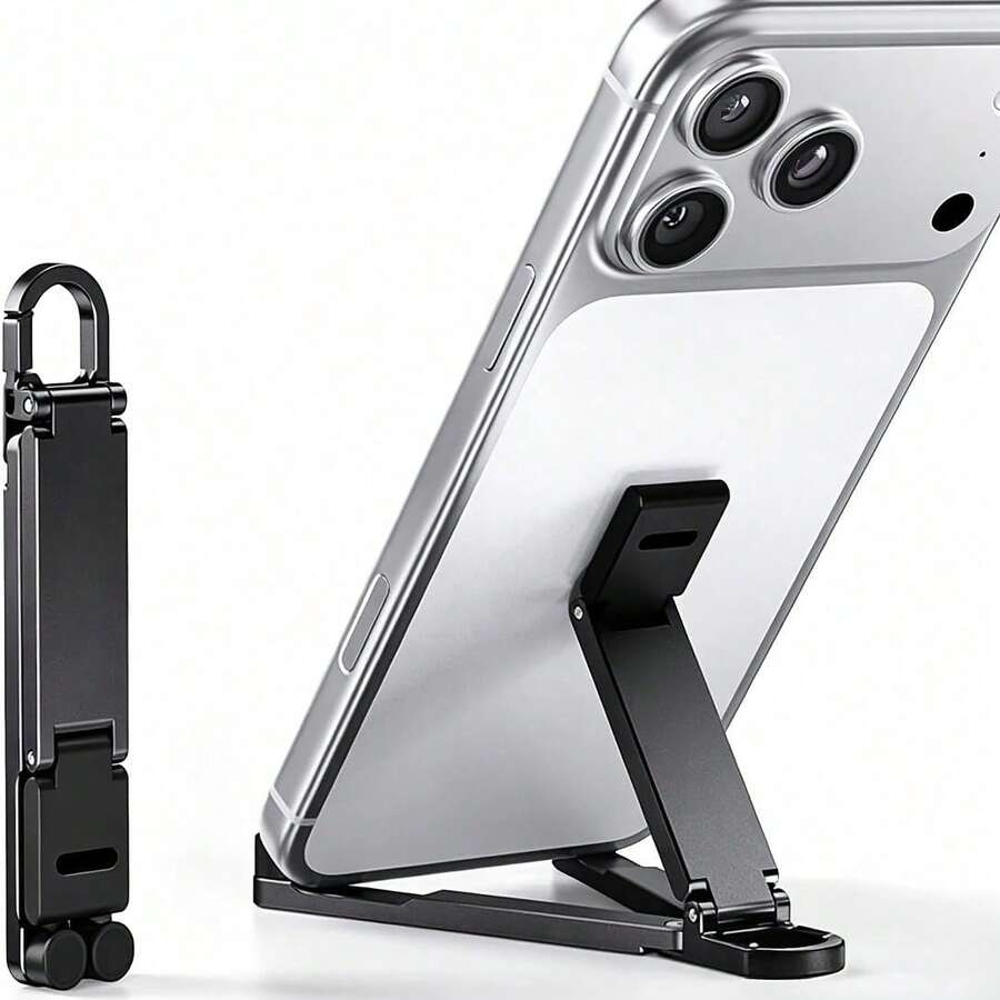 Keychain Phone Stand, Mini Foldable Portable Aluminum Alloy Phone Holder, Adjustable Pocket Desktop Stand For Travel, Office & Home - Black - View 1