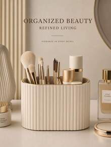 Soporte para brochas de maquillaje/Caja de exhibición de cosméticos de cuero sintético PU/Estantería retro a rayas para brochas de maquillaje - Adecuado para decoración de tocador, encimera de baño, almacenamiento de escritorio Caja de exhibición de cosméticos (Crema), Decoración de sala de maquillaje, Bolsa de maquillaje, Artículos esenciales de viaje - Multicolor - Ver 12