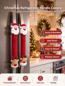 2pcs Red Christmas Refrigerator Handle Covers, Santa Claus, Reindeer And Snowflake Patterns, Soft Elastic Removable Anti-Fouling Anti-Scratch Appliance Handle Covers, Suitable For Refrigerator, Dishwasher, Microwave, Christmas Decoration - Multicolor - View 2