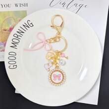 Elegant Gold-Pink Beaded Round Keychain With Pink Bow And Small Rabbit Charm, Fashionable Cartoon Accessory, Bag Pendant, Suitable For Easter, Valentine's Day And Other Holidays - Gold - View 3