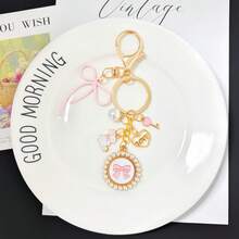 Elegant Gold-Pink Beaded Round Keychain With Pink Bow And Small Rabbit Charm, Fashionable Cartoon Accessory, Bag Pendant, Suitable For Easter, Valentine's Day And Other Holidays - Gold - View 7