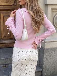 Aflion Women Fall Clothing Pink Ruffle Long Sleeve Top, Scoop Neck Fitted Ribbed Shirt With Tie Cuffs For Thanksgiving Outfit - Pink - View 2