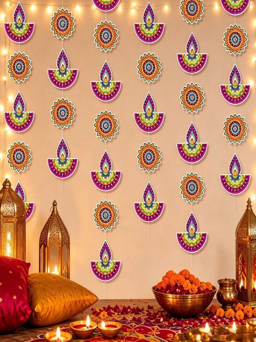 6pcs/1pc Diwali Hanging Garland Hollow String Bunting Home Wall And Porch Background Props Diwali Festival Scene Atmosphere Decoration Party Backdrop Home Decor - Multicolor - View 1