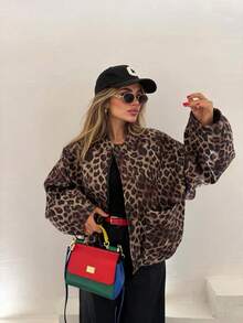 Fashionable Women's Leopard Print Woven Baseball Jacket, Long Sleeve Flight Jacket With Pockets And Zipper, Autumn/Winter Outfit Essential - Brown - View 3