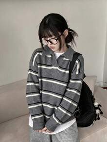 Korean Style Grey Autumn/Winter Striped Colorblock Collared Pullover Long Sleeve Sweater For Women - Grey - View 2
