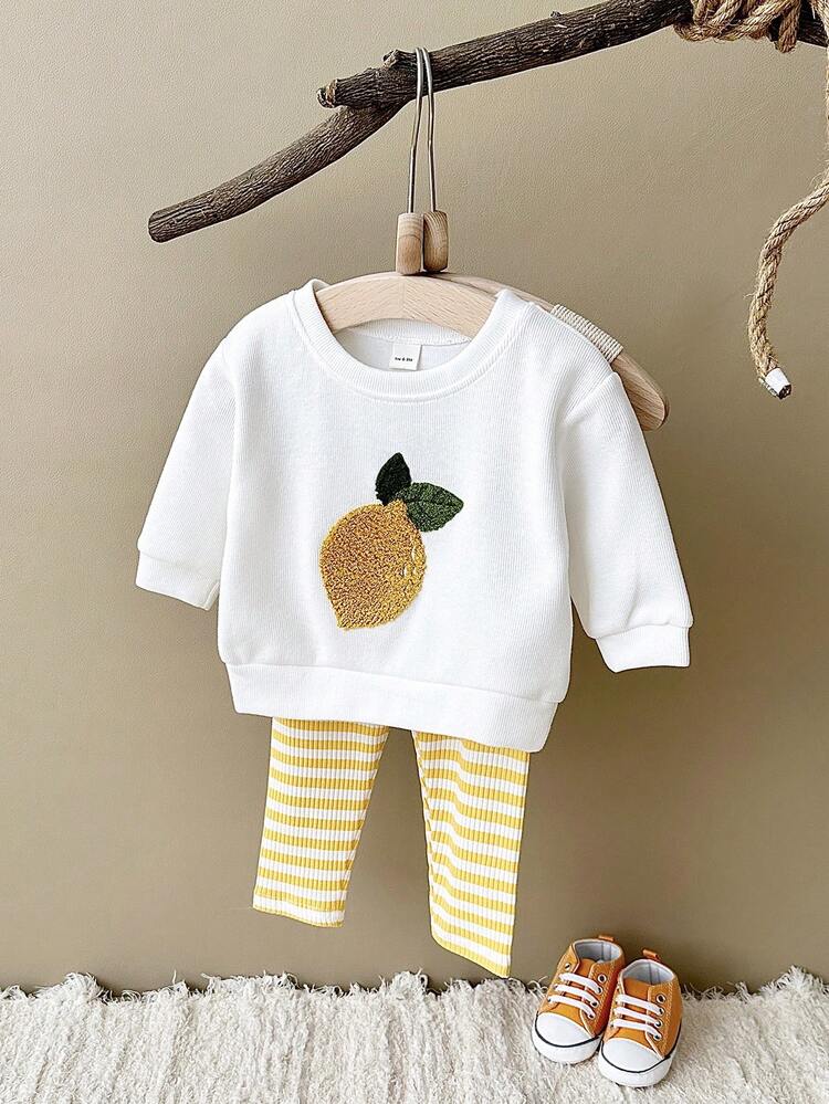 2pcs/Set Baby Girl Outfit Fruit Embroidery Long Sleeve Top & Striped Pants, Spring & Autumn - Yellow - View 8