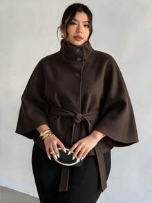 Fall/Winter Plus Size Women's Short Stand Collar Cape Coat, Suitable For Daily Wear In Autumn/Winter, Office/Party/Year-End Gathering/Holiday Party/Shopping/Date And Other Occasions, Women's Coffee Brown Jacket - Coffee Brown - View 4