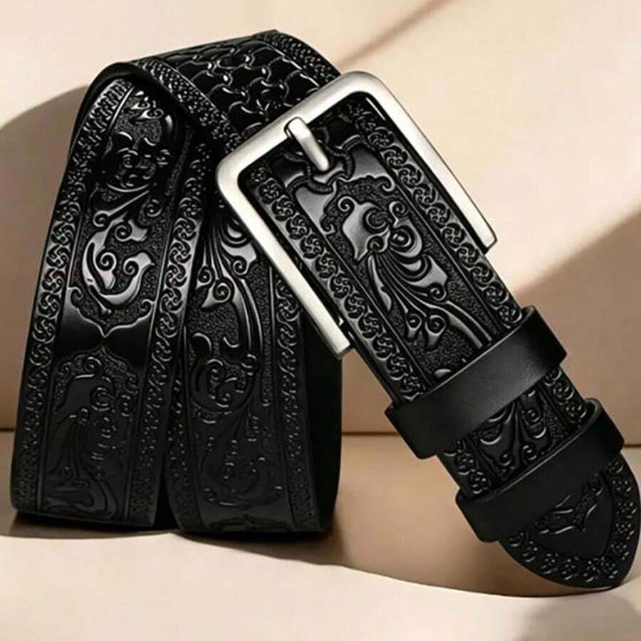 Carved Vintage Personalized Business Belt, Fashion Denim Belt, Thick Metal Buckle, Smooth Comfortable Scratch-Resistant Wear-Resistant Buckle, Premium Exquisite Embossed Tang Grass Pattern Leather Body, Personalized Bold Design, Suitable For Daily Outings And Formal Occasions, Suitable For Suits, Denim Jeans And Various Pants, Suitable As Birthday Gift For Father, Friend, Husband - Black - View 1