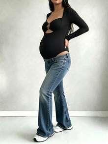 Parara Maternity Long Sleeve Bodysuit, Queen Anne Neckline, Ring Detail, Medium Stretch Fabric - Black - View 6