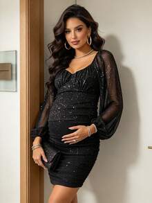 Pregnant Women Silver Foil Lantern Sleeve Ruched Fitted Dress - Black - View 1