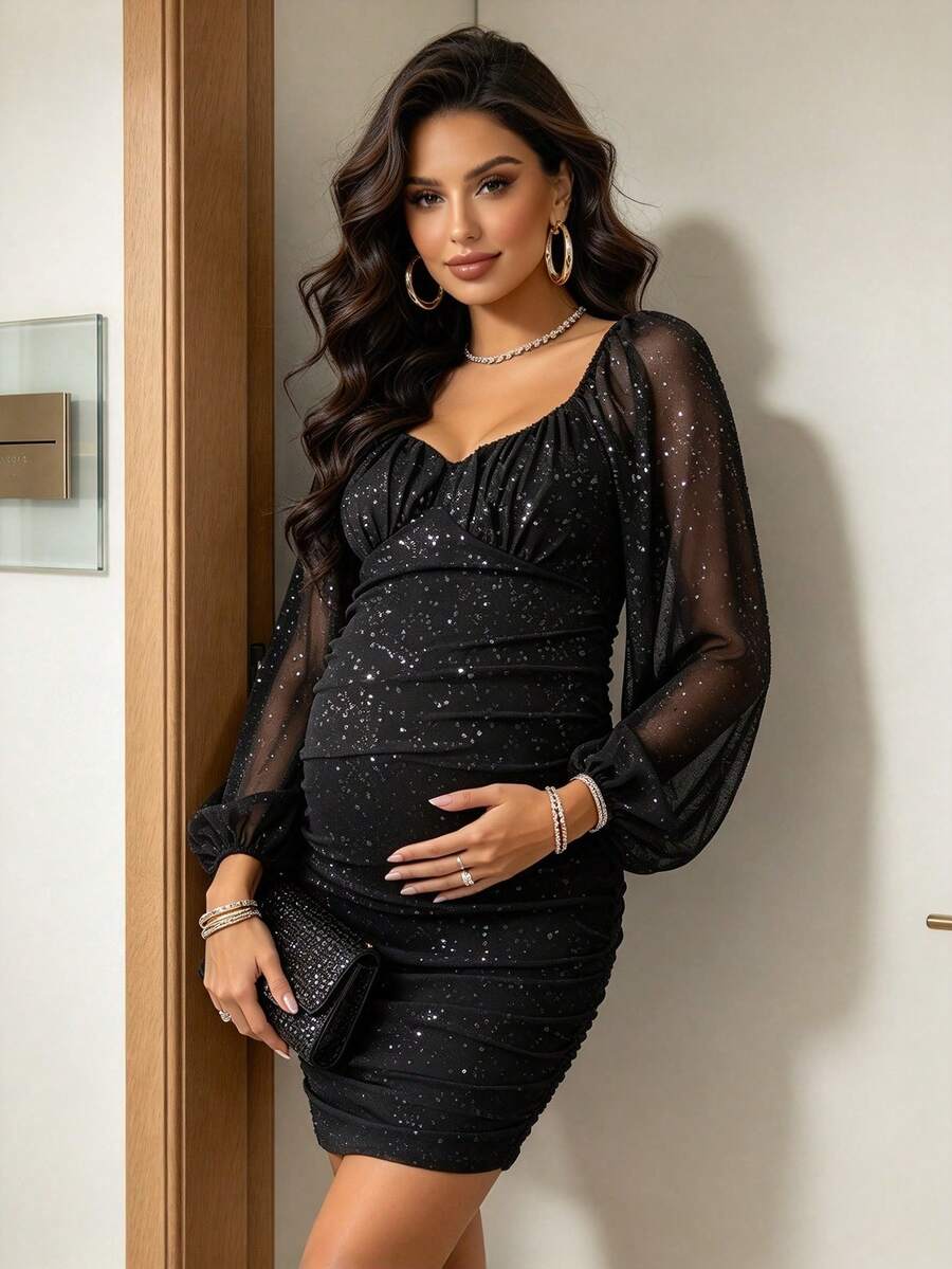 Pregnant Women Silver Foil Lantern Sleeve Ruched Fitted Dress - Black - View 1
