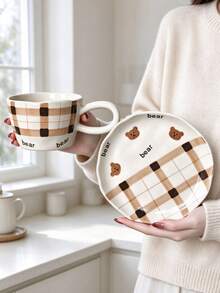 1set Hand Painted Pink Floral Berry Ceramic Mug And Saucer Set, Aesthetic Wavy Coffee Latte Cup, Home Kitchen Drinkware - Multicolor - View 7