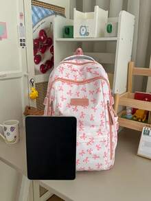 Backpack + Pink Bow Print School Backpack + Multi Pocket Water Resistant Storage + For Teen Daily Study Cute Lightweight Adjustable Strap Rucksack - Multicolor - View 6
