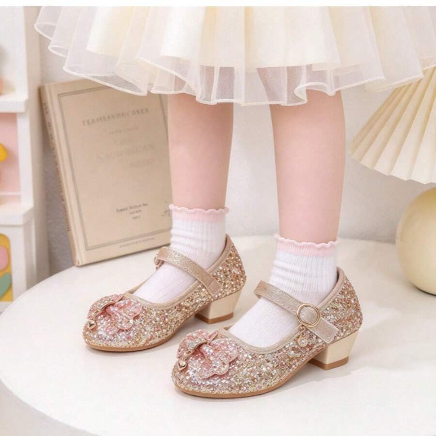 Girls' Glitter Mary Jane Princess Shoes, Rhinestone Bow Chunky Low Heel Dress Shoes, Adjustable Buckle Strap, Suitable For Little Girls & Big Girls Party / Wedding / Performance - Champagne - View 1