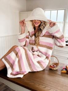 Women's Long Sleeve Front Button Pocket Loungewear, Loose Fit Soft Pajamas, Autumn/Winter Striped Hooded Bathrobe - Multicolor - View 3