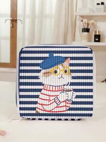 1pc Striped & Cartoon Patterns Print Corduroy Multi-Compartment Storage Zipper Sanitary Napkin Pouch, Portable Travel Period Bag For Student,Madam - Multicolor - View 2
