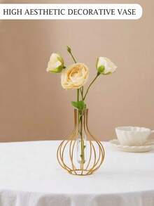 1pc Transparent Glass Vase With Wrought Iron Frame, Geometric Test Tube Shape, Suitable For Hydroponic Flowers, Bohemian Farmhouse Style Desktop, Mantel Or Wedding Reception Decor, Perfect As Housewarming Gift Modern Floral Arrangement Base - Gold - View 9