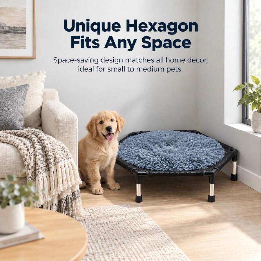 Hexagonal Elevated Pet Cot, Small To Medium Cat And Dog Breathable Mesh Bed, Removable Washable Plush Warm Pad, All-Season Pet Hammock