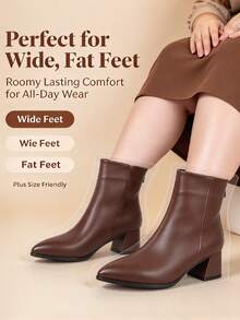 Wide Fit Plus Size Elegant Solid Color Pointed Toe Ankle Boots And Ankle Boots With Chunky Heel And Back Zipper, Fashion High Heel Casual Boots For Women, Suitable For Office And Professional Wear - Brown - View 5
