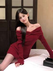 Off-Shoulder Solid Color Knit Dress For Christmas, Autumn And Winter - Red - View 3