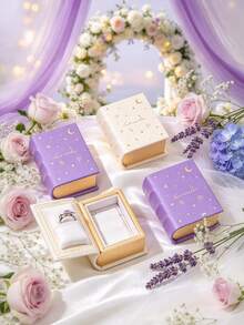 1pc Purple And White Book-Shaped Jewelry Box, Romantic Star And Moon Print Faux Leather Ring Storage Box, Flip-Page Book Design With Velvet Lining, Portable Jewelry Organizer, Suitable For Wedding Proposal, Anniversary And Christmas Gifts - Multicolor - View 11