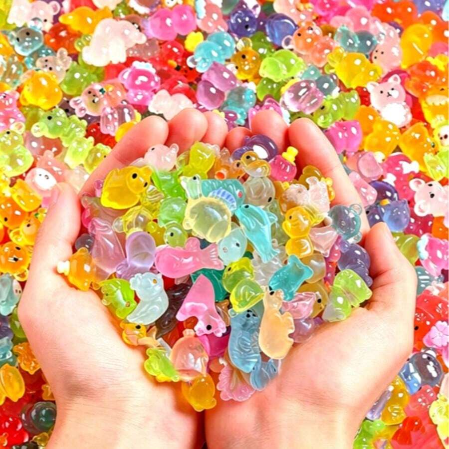 100pcs Glow-In-The-Dark Resin Mini Animals - Duck, Dolphin, Frog, Rabbit, Turtle, Perfect For Gardening, Party, Micro Landscape And Aquarium Decoration. Absorbs UV Rays From Sunlight And Glows At Night. - Multicolor - View 1