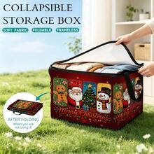 1pc 2D Foldable Zipper Storage Bag, Christmas Multi-Element Red Background Fabric Pattern Print, Thickened Large Capacity Organizer With Reinforced Handle, Suitable For Clothing, Bedding, Cosmetics, Wardrobe, Underbed Storage, Car Trunk, Office Moving - View 2