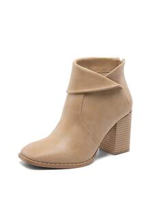 Dream Pairs Women's Square Toe Ankle Boots Chunky Wood-Pattern Heel Platform Boots Metallic Buckle Straps - Brown - View 2