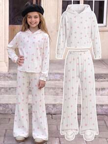 Girls' Casual Fashion Ribbed Bow Print Hooded Jacket And Flared Pants 2 Pieces Set, Spring/Autumn - White - View 1