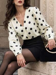minisummer Women Fall Polka Dot Blouse V‑Neck Puff Long Sleeve Casual Office Work Shirt Top - Apricot - View 8
