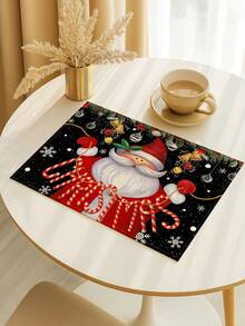 2/4/6Pcs Christmas Placemat, Black Background Santa Claus Candy Cane Print Linen Table Mat, Winter Holiday Table Decor For Dining Table, Farmhouse Xmas Party Kitchen Tabletop Decoration, Holiday Season Table Accessory - Black - View 4
